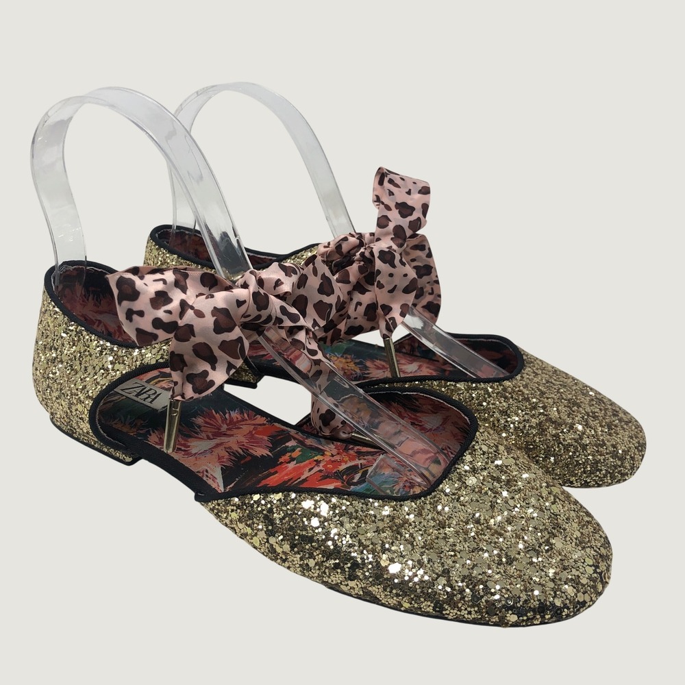 Zara Glitter Flats Women 37 6.5 Gold Pink Leopard Bow‎ Sparkle D'Orsay